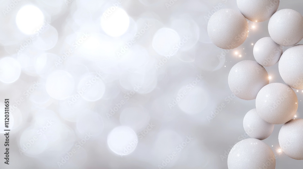 Poster abstract composition of white spheres with soft bokeh effect, creating a dreamy and ethereal backgro