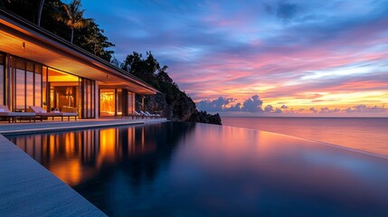 Fototapeta premium A stunning luxury villa with an infinity pool overlooking the tranquil sea during a colorful sunset, perfect for relaxation and vacation.