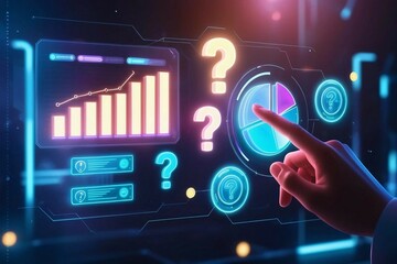 A futuristic virtual touch interface with glowing holographic charts, interactive elements, and neon lights, featuring a realistic finger navigating through dynamic, sci-fi-inspired data visuals