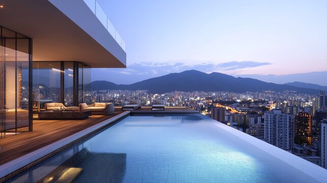 A stunning rooftop infinity pool view overlooking a city skyline at dusk, blending modern architecture with natural beauty.
