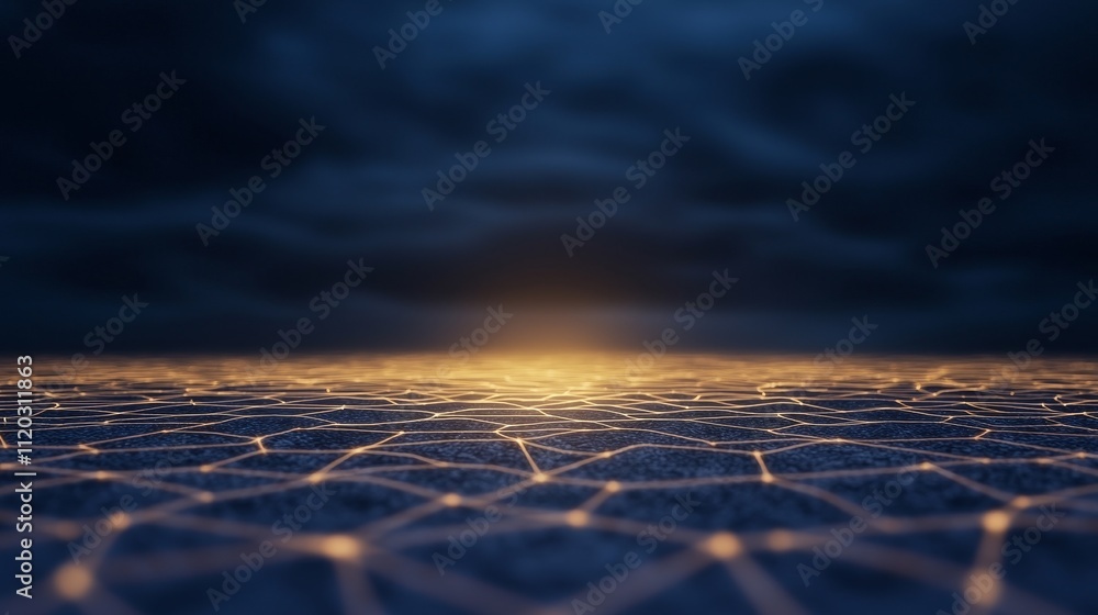 Poster futuristic landscape with abstract network pattern and illuminated horizon under dark cloudy sky