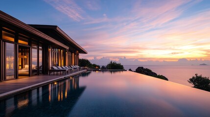 Fototapeta premium An elegant villa overlooking a serene ocean at sunset, featuring a stunning infinity pool and tranquil landscapes.