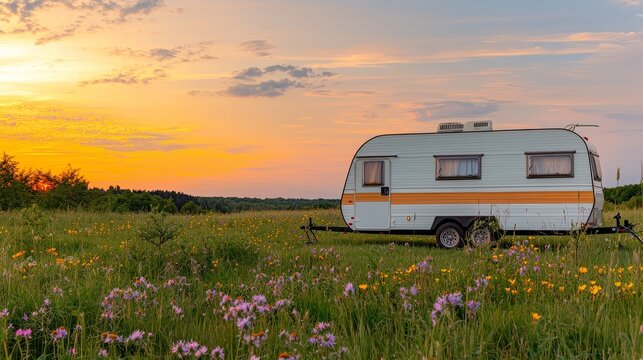 A vintage caravan parked in a picturesque field during a colorful sunset, surrounded by a variety of wildflowers.
