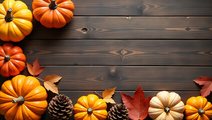 Rustic wooden background features autumn leaves pumpkins and pinecones arranged vertically to evoke a seasonal and festive autumnal ambiance._00001_