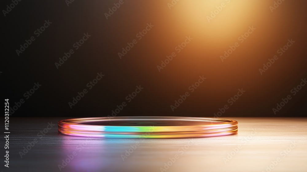Poster circular glass object with multicolored light reflections on dark surface and warm backdrop