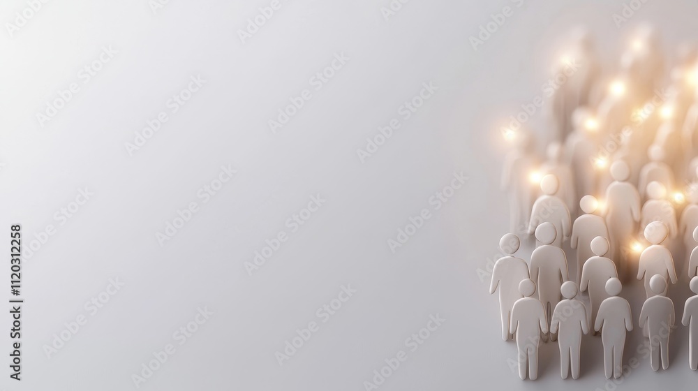 Poster abstract representation of diverse people gathering together with glowing lights symbolizing unity a