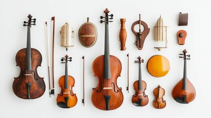 Fototapeta premium Stringed instruments and musical boxes arranged neatly.