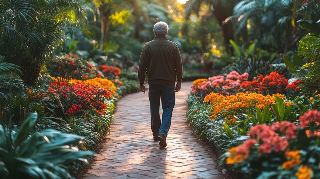 A man walking through a vibrant flower garden in the early evening light - Powered by Adobe