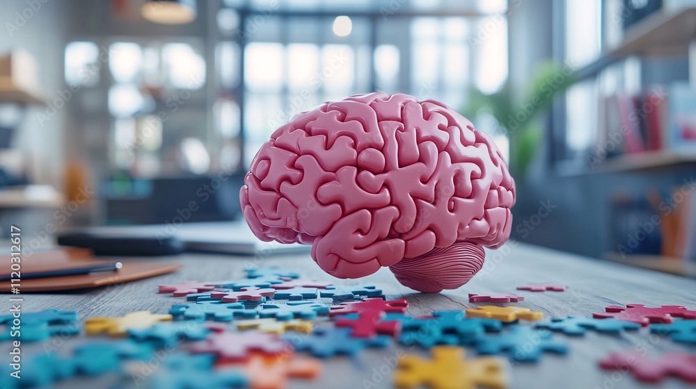 Poster a vibrant pink brain puzzle sits on a table surrounded by colorful jigsaw pieces, symbolizing creati