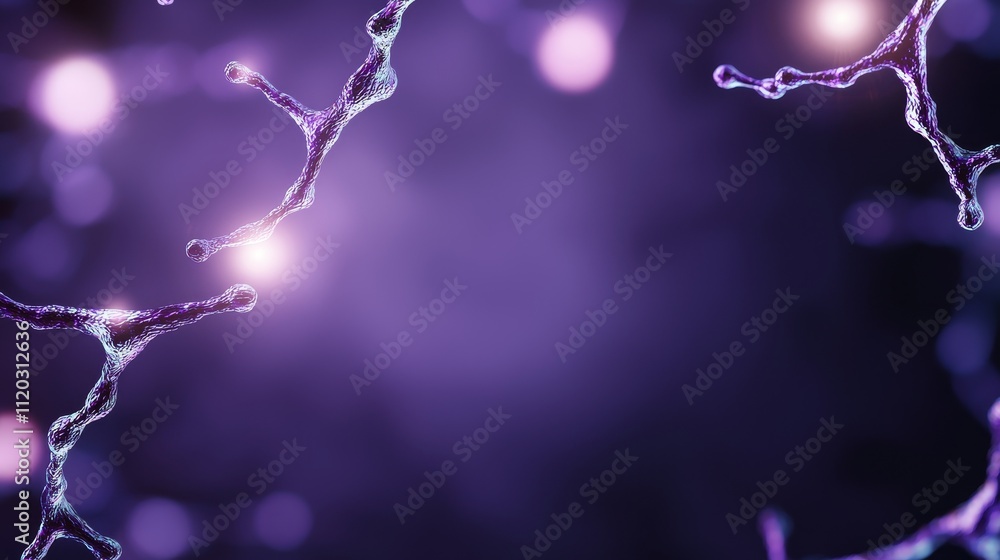 Poster abstract digital illustration of neurons and synapses with a purple background for science and techn