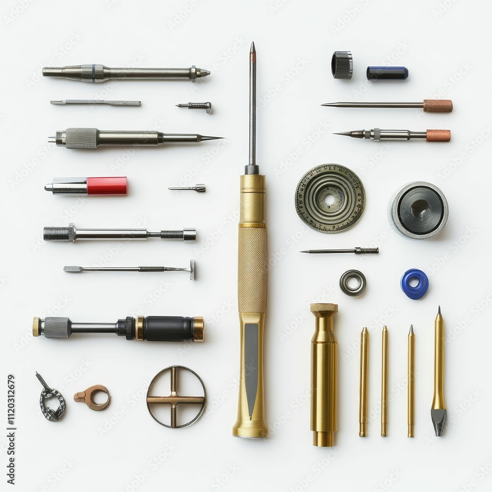 Poster precision instruments arranged on white surface.