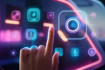 A futuristic virtual touch interface with glowing holographic charts, interactive elements, and neon lights, featuring a realistic finger navigating through dynamic, sci-fi-inspired data visuals