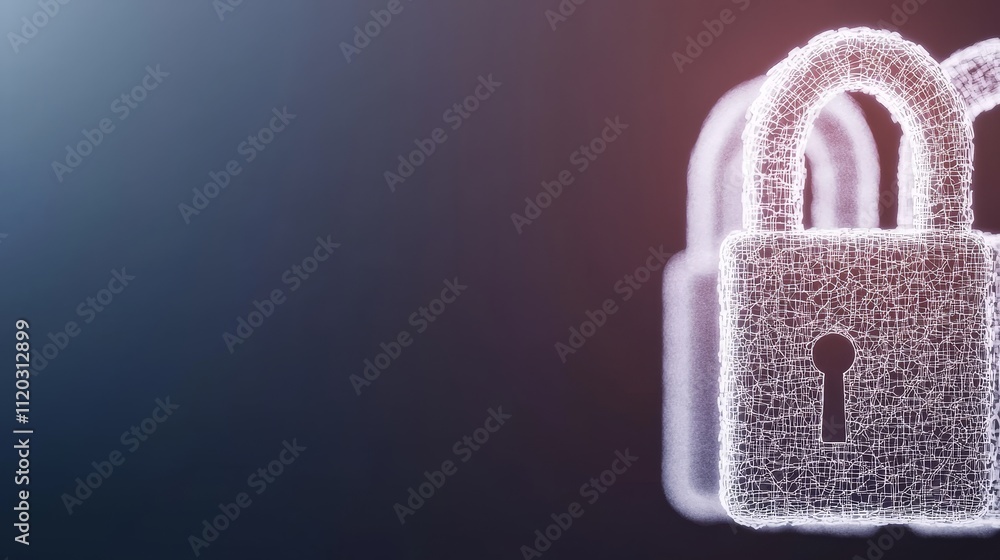 Poster futuristic secure lock concept with digital wireframe design representing privacy and data protectio
