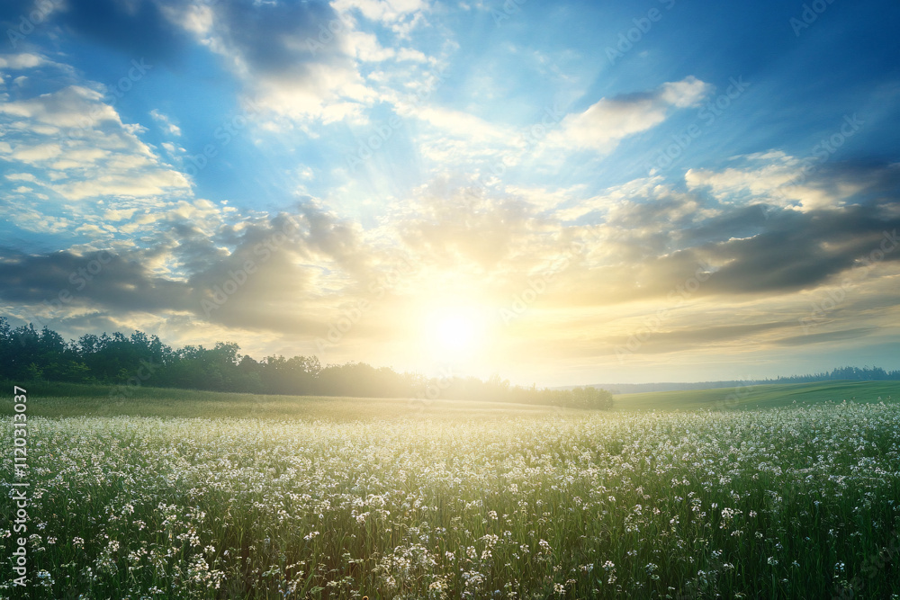 Poster warm golden sunset over a vast dandelion field with rays of light breaking through the clouds creati