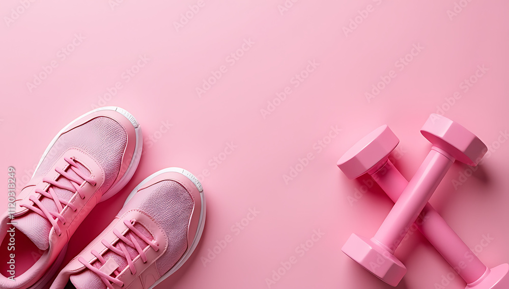 Poster pink fitness equipment such as sneakers and dumbbells are displayed on a matching pink background in