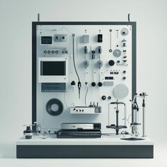 Retro-futuristic control panel, assorted devices, minimalist design.