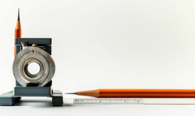 Pencil sharpener, pencils, ruler, white background.