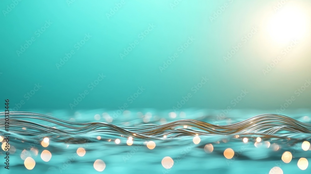 Poster soft wavy lines with glowing bokeh on turquoise background reflecting gentle light and dreamy atmosp