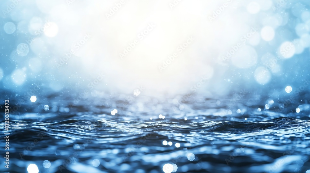 Poster a serene view of a tranquil water surface illuminated by soft sunlight and reflecting a dreamy bokeh