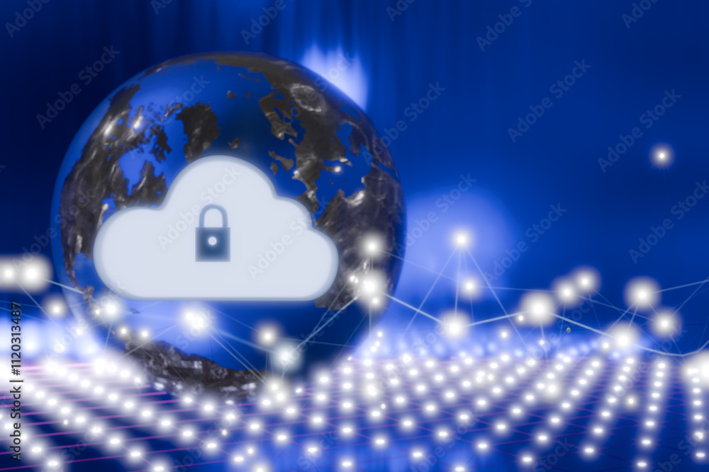 Poster a digital representation of a secure cloud over a globe, symbolizing cybersecurity and data protecti