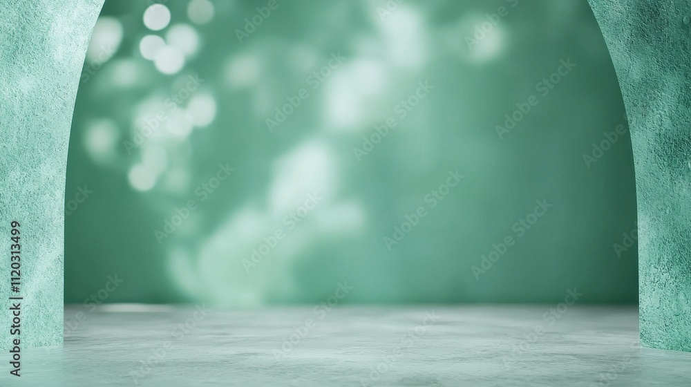 Poster serene green interior archway with soft bokeh background and minimalist design for tranquil spaces o