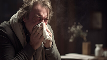 A sick man blowing his nose, experiencing flu symptoms, with a copyspace for text.