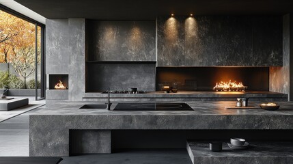 Modern kitchen with double-sided fireplace, stone countertops, and autumnal outdoor view.