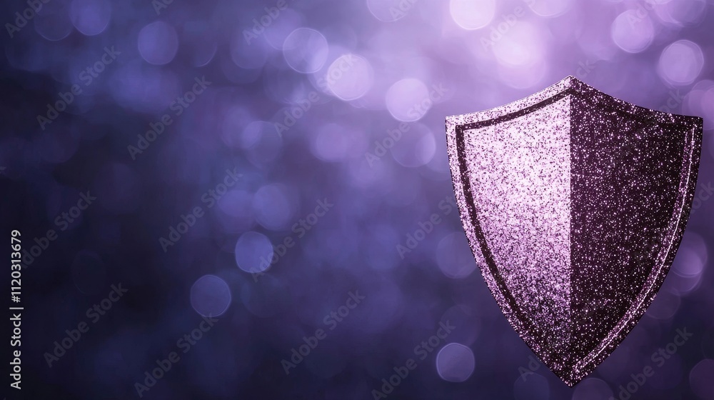 Poster sparkling shield on a soft focus purple background with bokeh effect for protection, security, and s