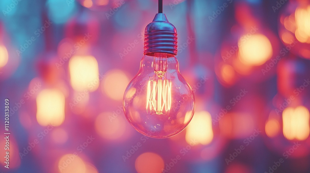 Poster a close-up of a glowing light bulb surrounded by colorful lights, creating a warm and vibrant atmosp