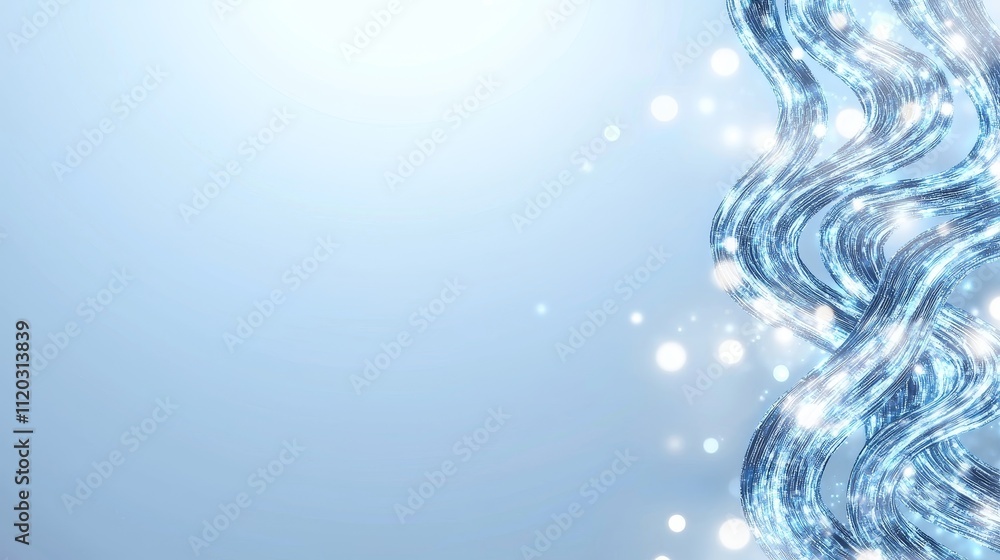 Poster abstract shimmering waves with glowing particles on a soft blue background for creative design and a