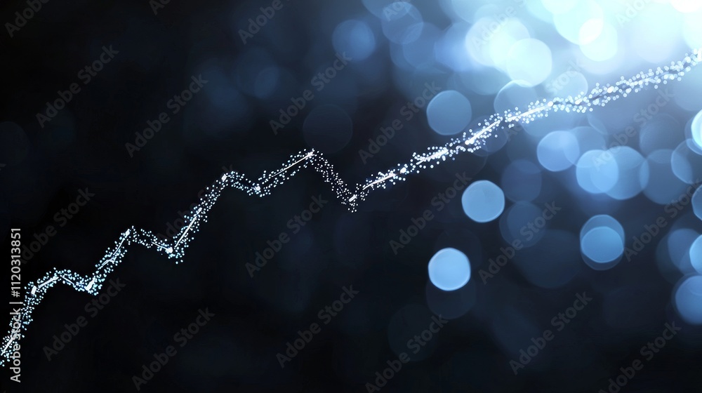 Poster abstract financial graph with shimmering particles and sparkling bokeh background in blue tones for 