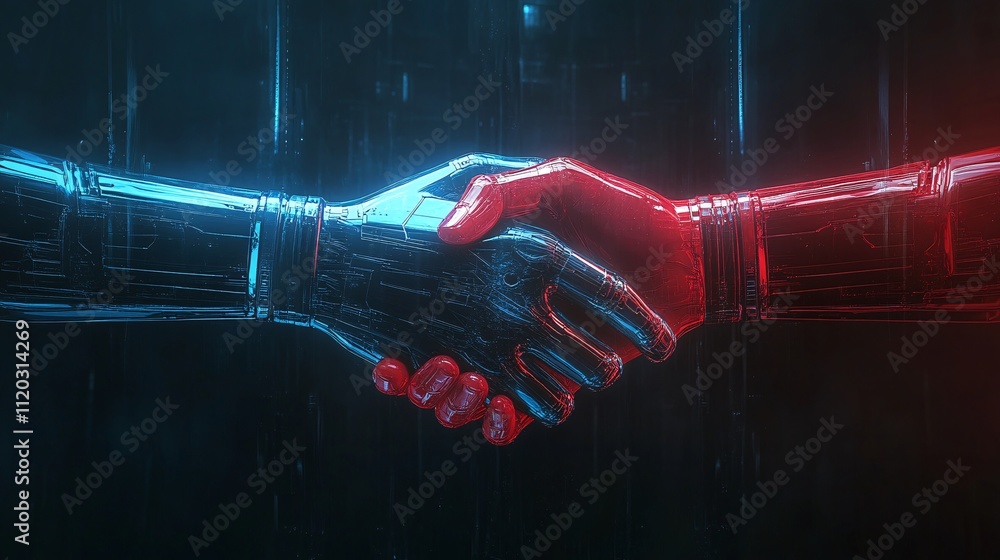 Aufkleber a digital handshake between a blue robotic hand and a red robotic hand symbolizing collaboration and