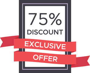 Fototapeta premium Elegant framed sign displaying a 75 percent discount for an exclusive offer, adorned with stylish red ribbons, conveying a sense of sophistication and value