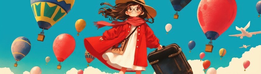 Obraz premium Colorful Children Day Balloons Woman Red Coat Celebration Joyful Festive Outdoor Event Photography Creative Market Trends Lifestyle Moments