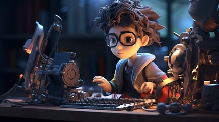 Naklejka premium A photo of a 3D character using a computer for engine