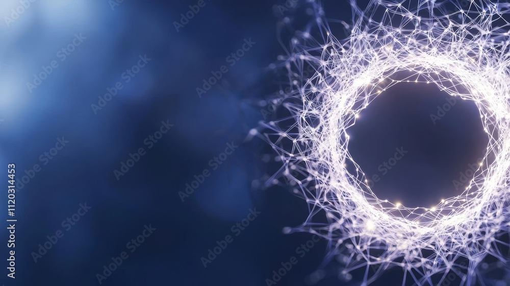 Poster abstract circular light pattern with delicate lines and soft blue background creating a modern digit