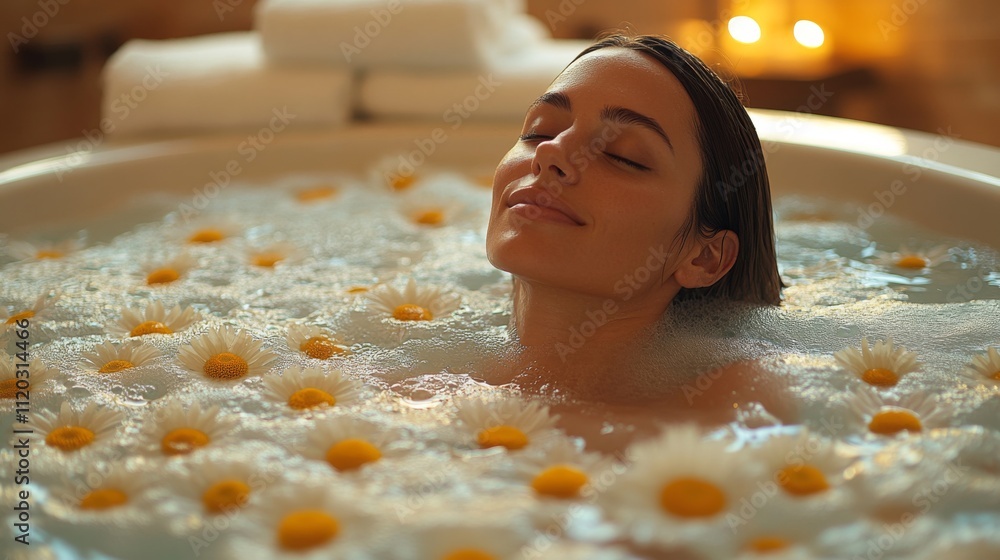Aufkleber a woman enjoys a peaceful soak in a bathtub filled with water and floating daisies. soft light creat