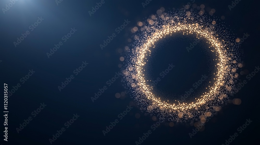 Poster glittering circular light effect with beautiful golden particles on dark background for festive and 