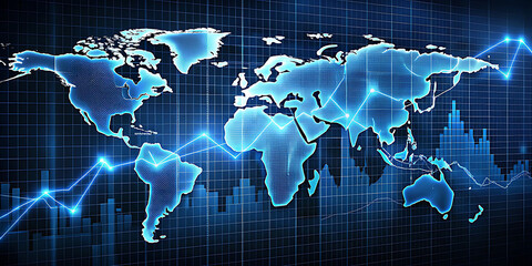 Obraz premium Dramatic Financial Data Visualization Pulsing Neon Line Tracing the Global Economy on a Dark Landscape with Futuristic and Dynamic Visual Effects