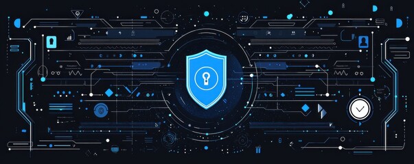 Fototapeta premium Futuristic digital security interface with a shield in blue tones