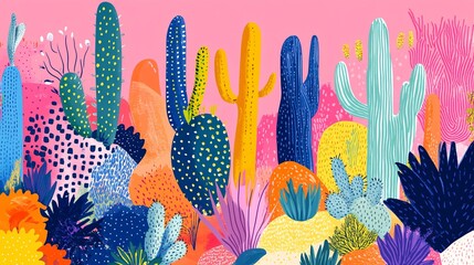 Obraz premium A vibrant, illustrated scene featuring colorful cacti and desert plants against a pink background, showcasing a whimsical and cheerful aesthetic.