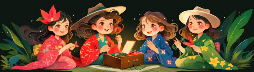 Happy Family Picnic with Three Girls in Kimono Kimonog Joyful Moments Captured in Vibrant Colors for Family Photography Lovers