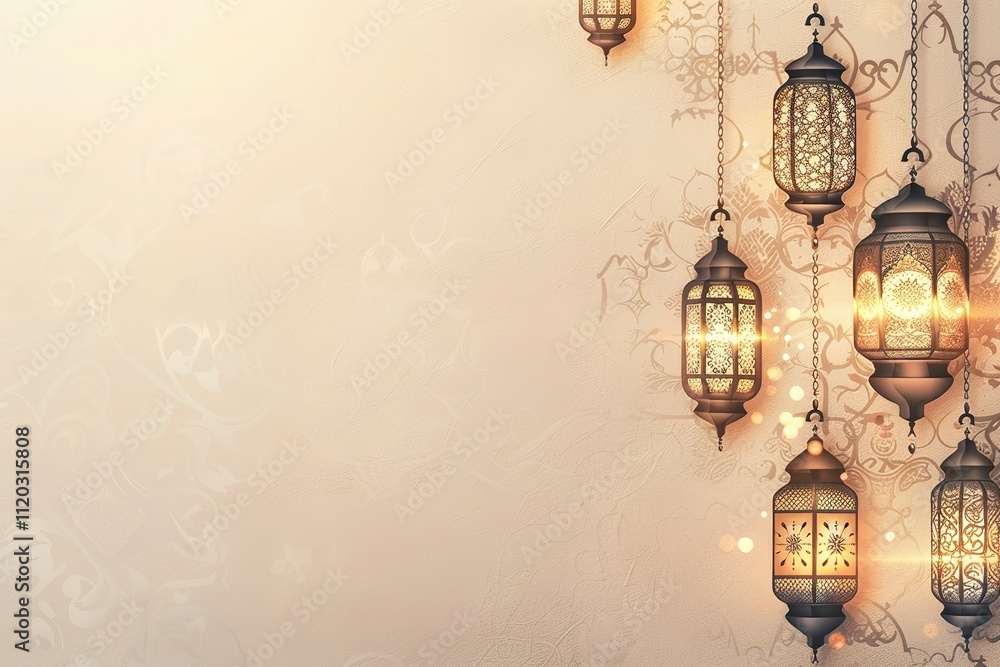 Poster a wall with a white background and a row of lanterns hanging from it