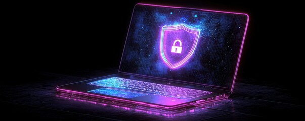 Modern laptop with digital security lock icon on screen