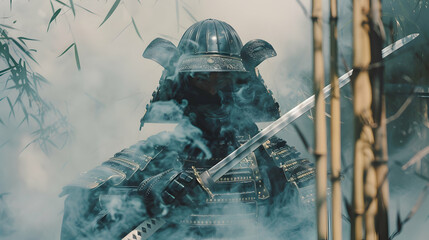 Kendo fighter in armor holding bamboo sword in smoke