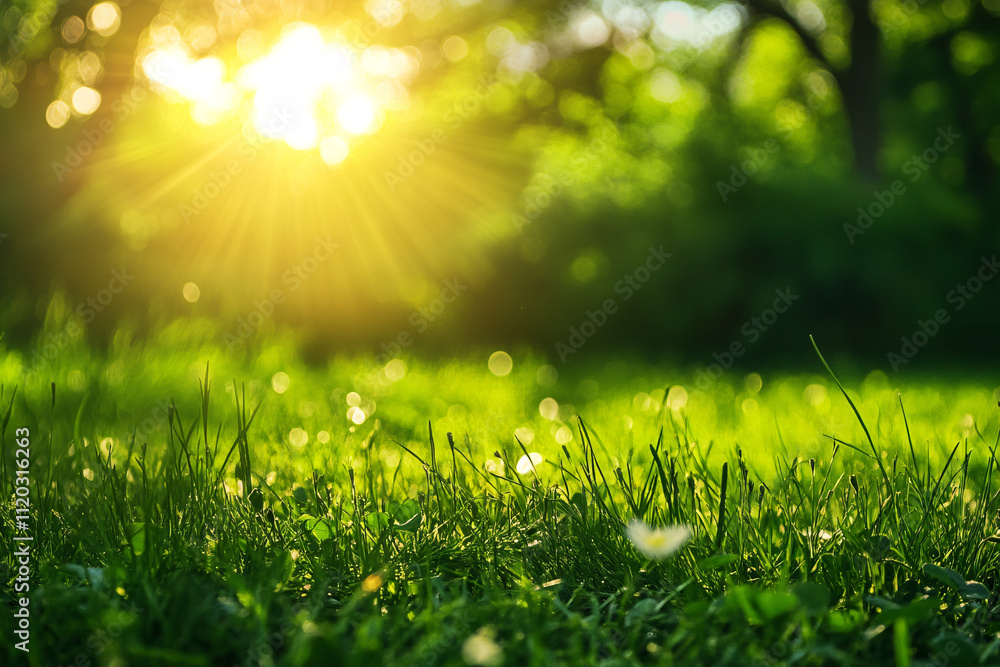 Poster sunlight streaming through trees onto lush green grass with sparkling dewdrops creating a serene and