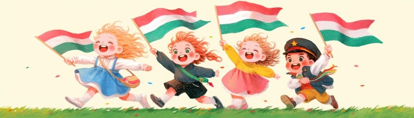 Naklejka premium Kids Celebrating With Small Flags Children Running With Flags Joyful Festive Spirit Of Youthful Energy In Vibrant Outdoor Setting