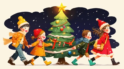 Naklejka premium Kids Crafting Festive Garlands Together Around a Beautifully Decorated Christmas Tree Celebrating Holiday Cheer and Joyful Moments