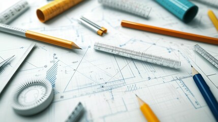 Architectural plans, pencils, rulers, and measuring tools.