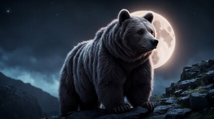 Majestic bear standing under a glowing full moon in a tranquil night